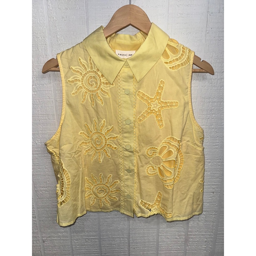 Entro Sleeveless Top Women Yellow Sun Starfish Eyelet Embroidery Large